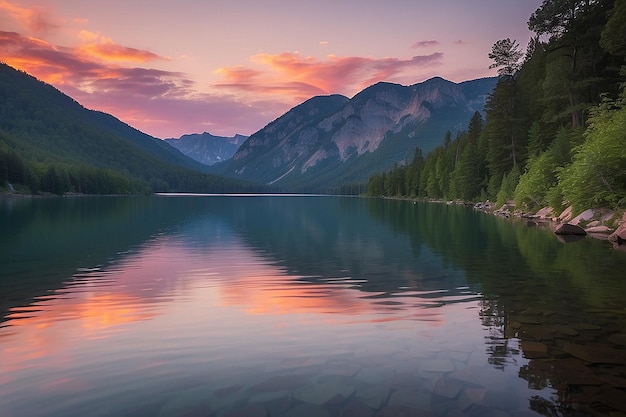 Un lago con una puesta de sol en el fondo