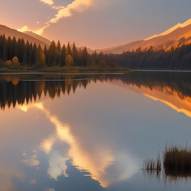 un lago con puesta de sol de fondo