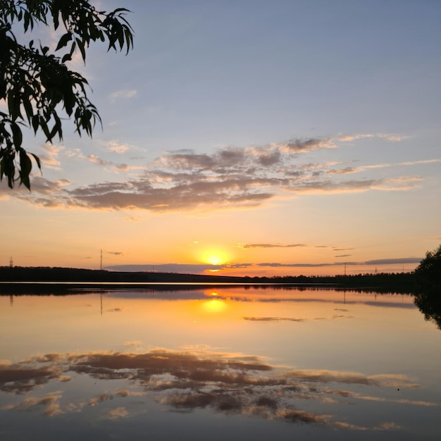 Un lago con una puesta de sol y una rama de árbol con la palabra "en ella"