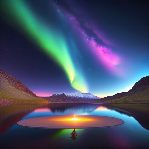 El lago refleja las estrellas cósmicas Aurora y la Vía Láctea ilustración 3d