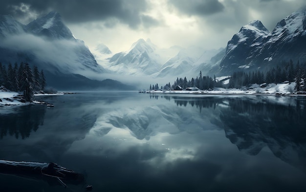 lago reflejado en las montañas frostpunk