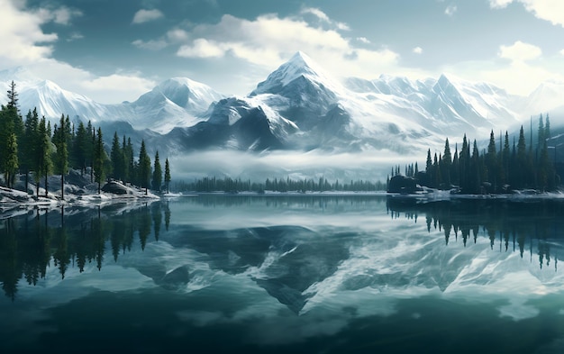 lago reflejado en las montañas frostpunk