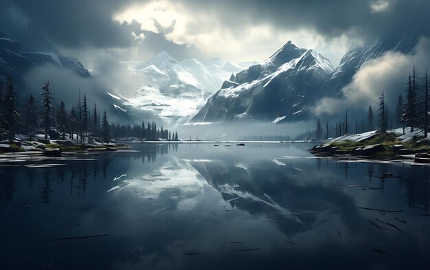 lago reflejado en las montañas frostpunk