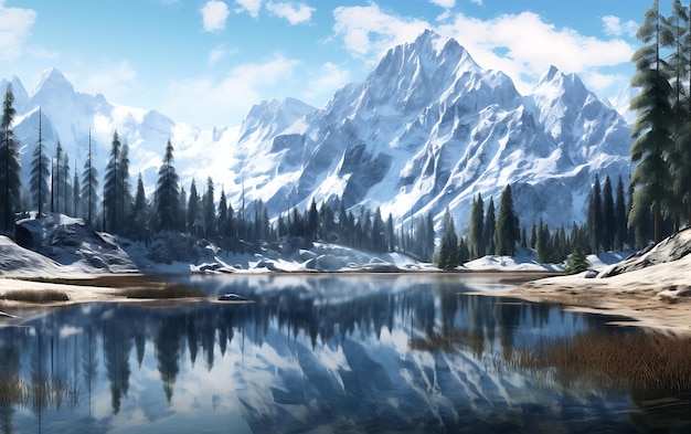 lago reflejado en las montañas frostpunk