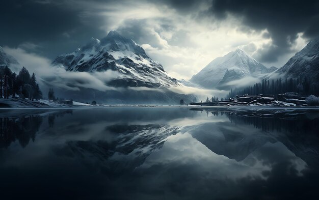 Foto lago reflejado en las montañas frostpunk