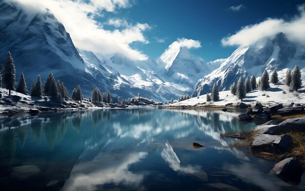 Foto lago reflejado en las montañas frostpunk