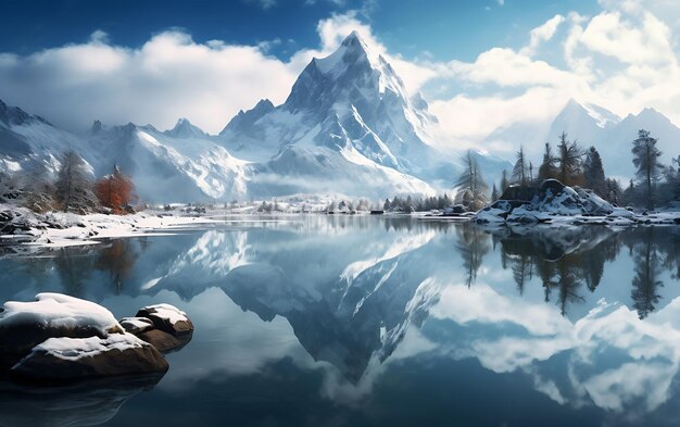 Foto lago reflejado en las montañas frostpunk