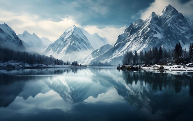 lago reflejado en las montañas frostpunk