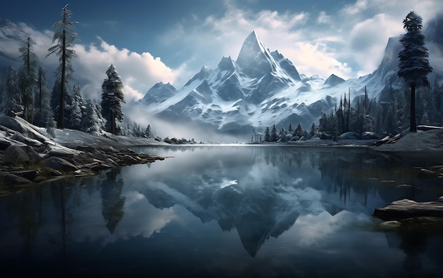 Foto lago reflejado en las montañas frostpunk