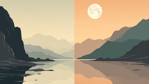 lago retro minimalista monocromático paleta de colores montañas