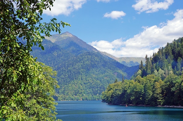 Lago ritsa nas montanhas na abkhásia em um dia ensolarado do verão. o lago de montanha de origem glacial e tectônica no cáucaso ocidental, na região de gudautsky da abkhazia.