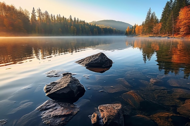 Un lago con una roca en primer plano y un bosque al fondo.