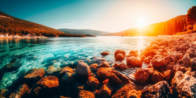 Un lago con rocas en el agua y la puesta de sol detrás de él