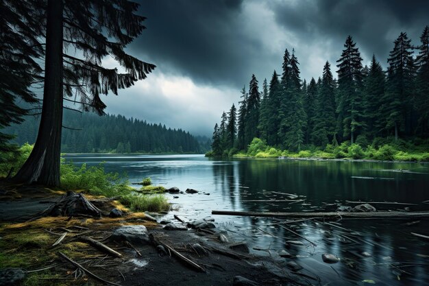 Un lago rodeado de árboles bajo un cielo nublado