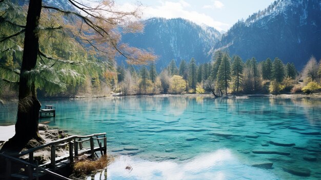 Foto lago rodeado de árboles y rocas generativo ai