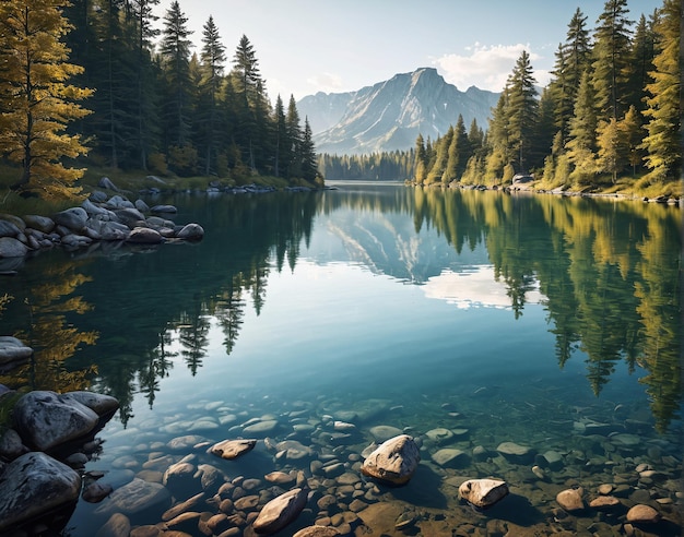 un lago rodeado de árboles y rocas