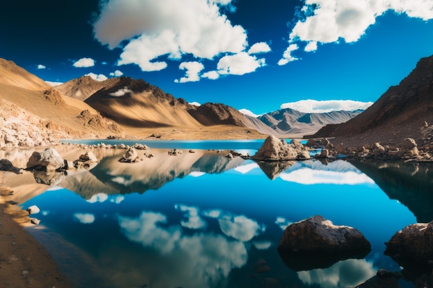 Lago rodeado de montañas y nubes IA generativa