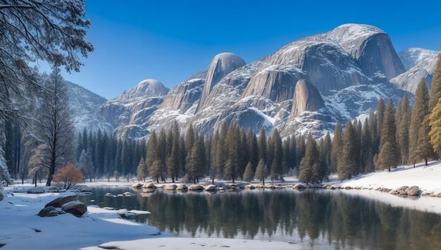 Un lago rodeado de rocas, árboles y montañas en Yosemite durante el invierno