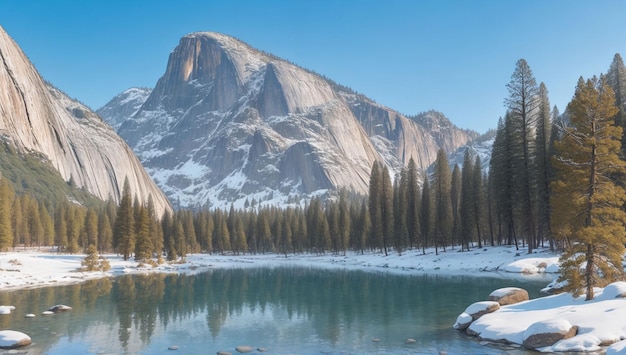 Un lago rodeado de rocas, árboles y montañas en Yosemite durante el invierno