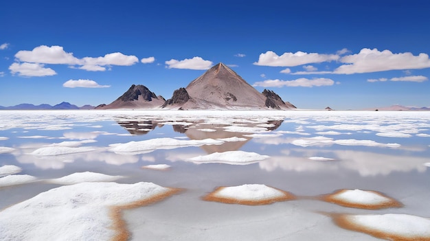 Lago salgado e paisagem montanhosa Uyuni Salt Flats Bolívia