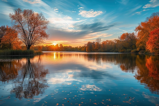 Lago sereno ao pôr do sol