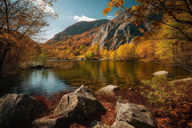 Lago sereno cercado por florestas exuberantes e terreno rochoso Generative AI