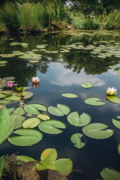 Lago sereno com exuberantes nenúfares e sapos pulando