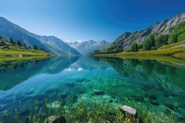 Lago sereno com reflexo da majestosa cordilheira ao fundo criada com geração de inteligência artificial