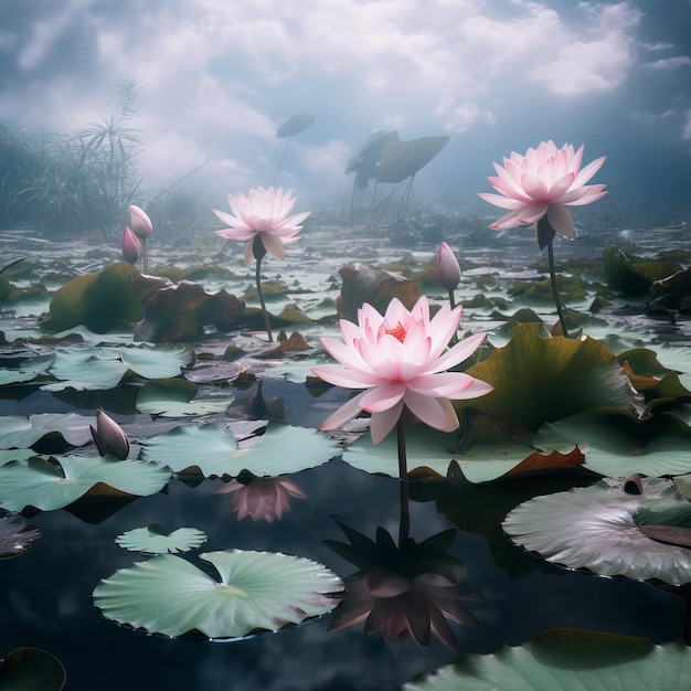 Lago sereno com uma bela flor de lótus