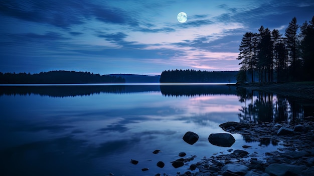 El lago sereno en el crepúsculo