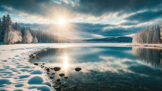 Foto lago sereno entre árvores nevadas