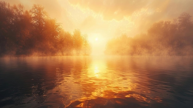 Un lago sereno envuelto en un velo de niebla matinal creando un aire de tranquilidad y misterio