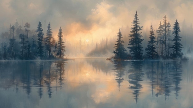 Un lago sereno envuelto en un velo de niebla matinal creando un aire de tranquilidad y misterio
