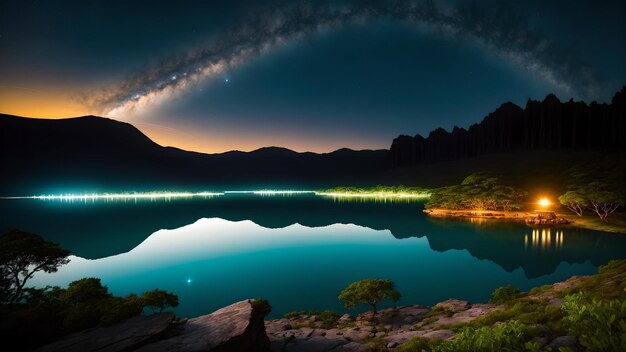 Un lago sereno por la noche con fascinantes reflejos de luces.