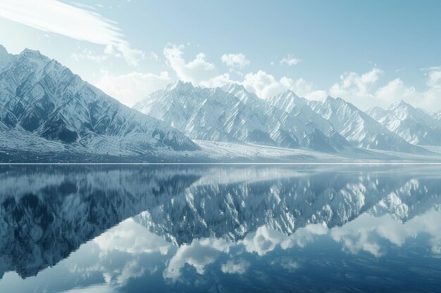 Un lago sereno que refleja las montañas cubiertas de nieve