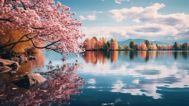 Un lago sereno rodeado de árboles en flor
