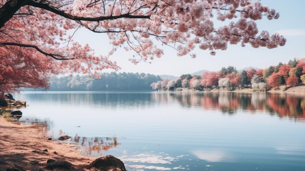 Un lago sereno rodeado de árboles en flor