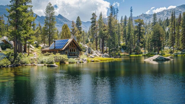 Un lago sereno rodeado de árboles y montañas con una pequeña cabaña fuera de la red en el fondo solar