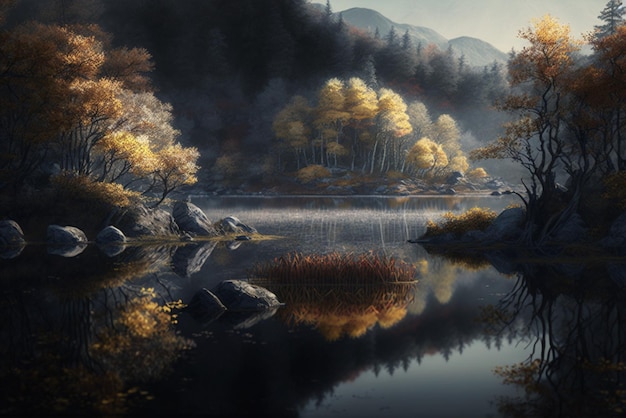 Un lago sereno rodeado de árboles en otoño