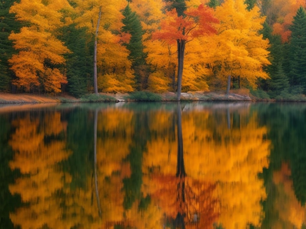 Un lago sereno rodeado de coloridos árboles de otoño y reflejos en espejo.