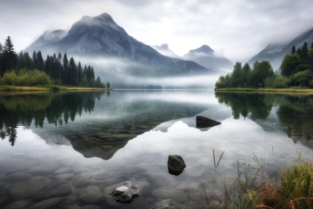 Un lago sereno rodeado de montañas brumosas y picos altísimos creados por la IA generativa.