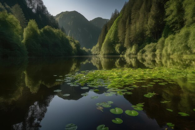 Lago sereno rodeado de montañas refleja la belleza natural generativa IA