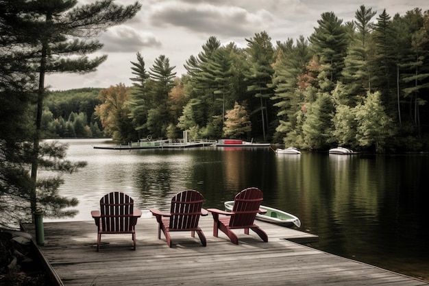 Un lago con sillas adirondack y una canoa en el agua.