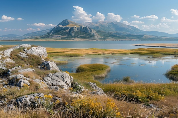 Foto lago sivash área hiper salina com vista para as montanhas da crimeia baías rasas