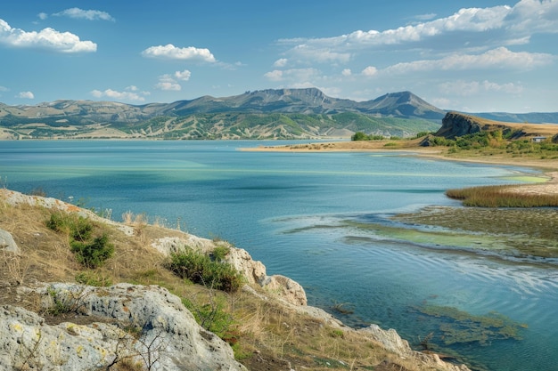 Lago Sivash Área hipersalina con vista a las montañas de Crimea Bahías poco profundas