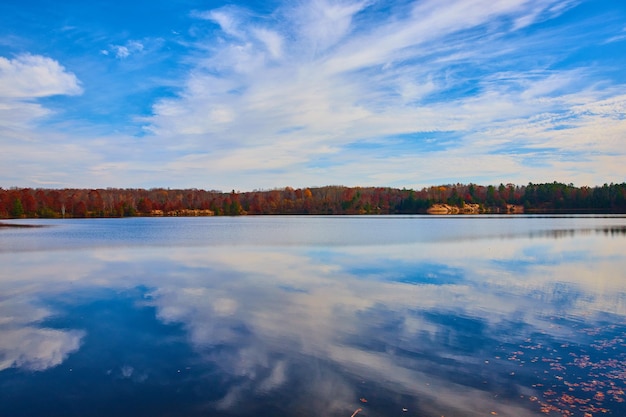 Lago suave refletindo o céu azul e árvores caídas ao longo da costa