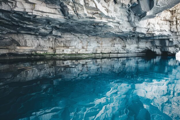 Un lago subterráneo sereno en una cueva de mármol