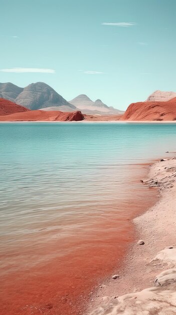 un lago con una superficie de agua azul y montañas en el fondo