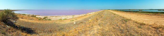 Lago Syvash salado rosa y lago fresco azul junto a la presa Ucrania