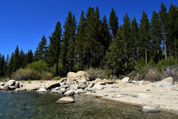 Lago Tahoe contra o céu azul claro